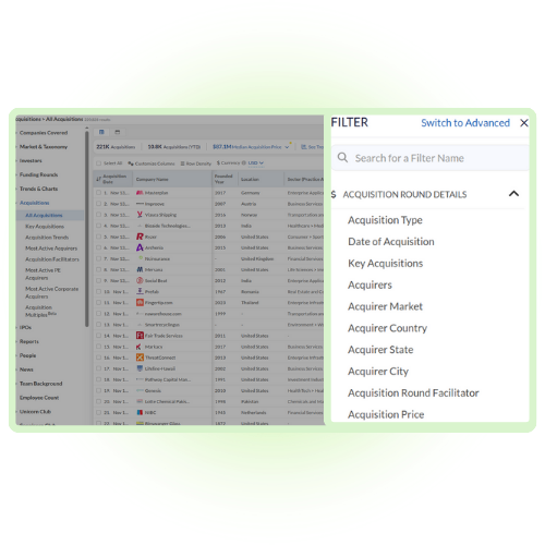 Snapshot of available filters to refine the list of companies.