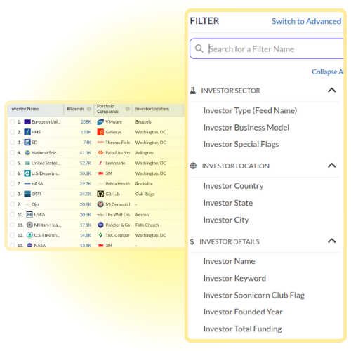Snapshot of available filters to refine the list of companies.