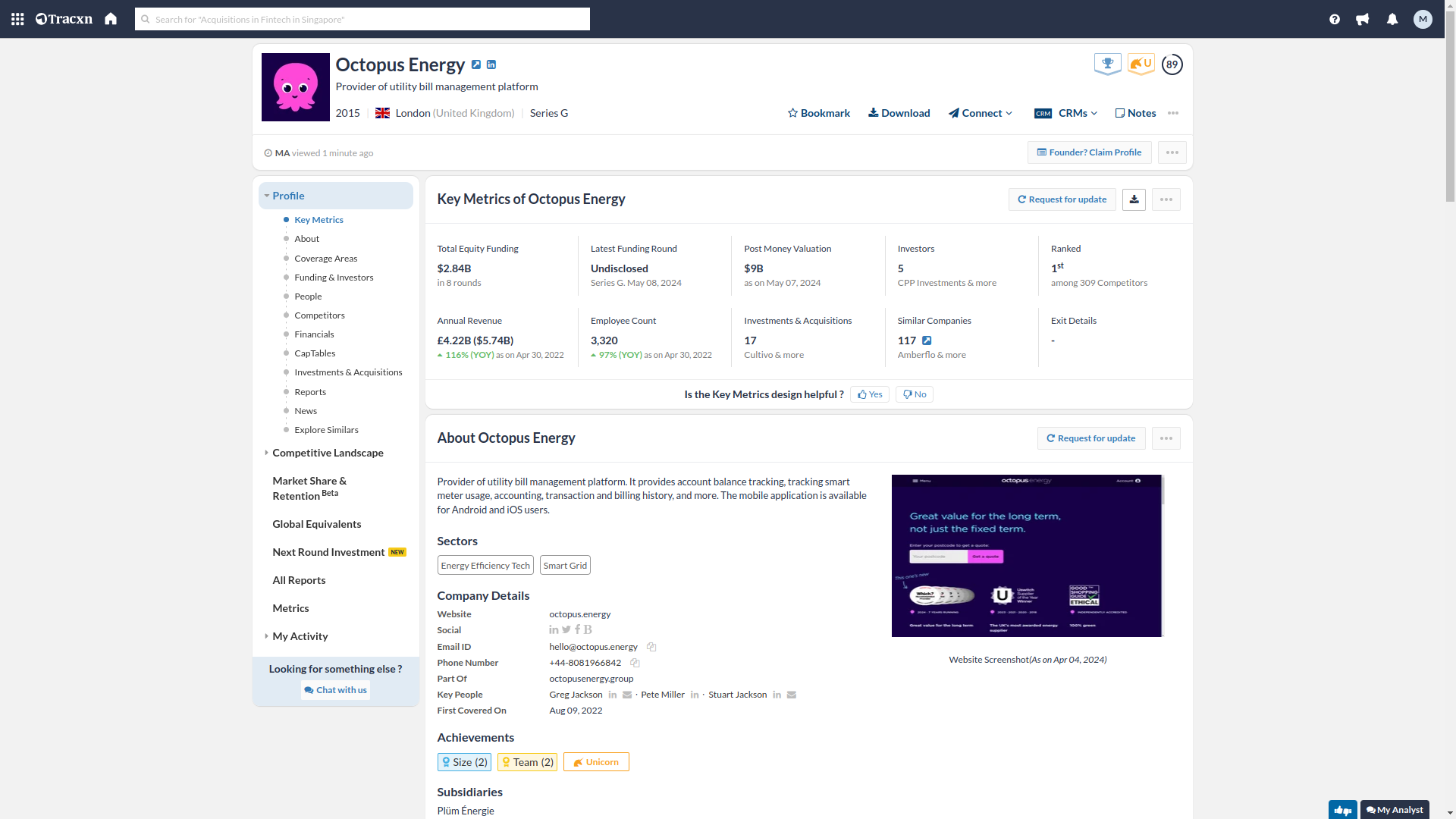 Tracxn platform's Company details page for Octopus Energy showing their key metrics, coverage areas, competitors, financials etc